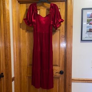 Red Ruffled A-line Midi Gown with Puff Sleeves